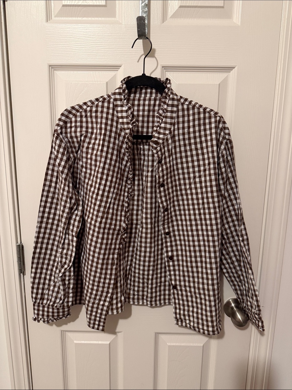 Amazon Brown and White Gingham Ruffle Button-Down Shirt